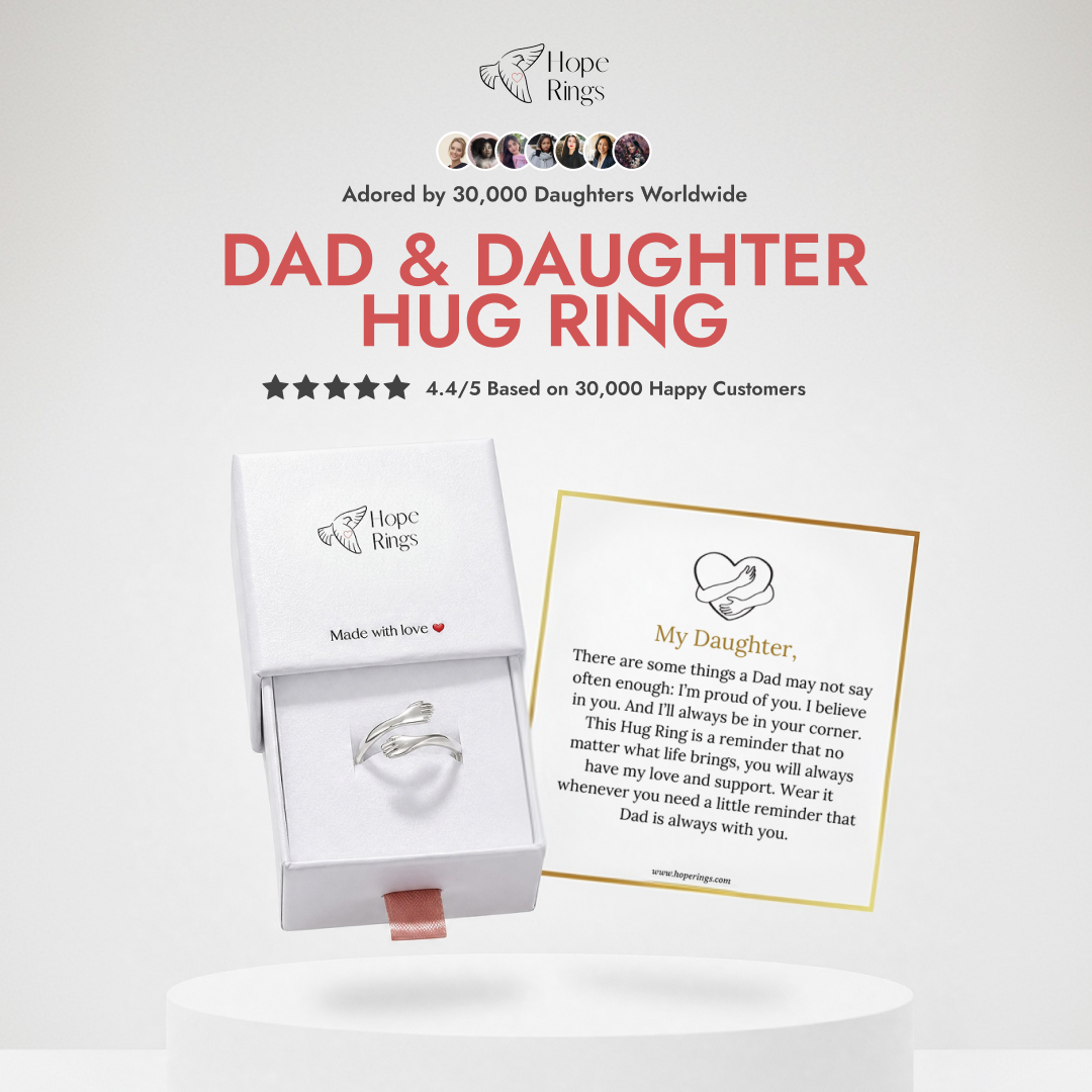 The Dad & Daughter Hug Ring with its gift box and message card
