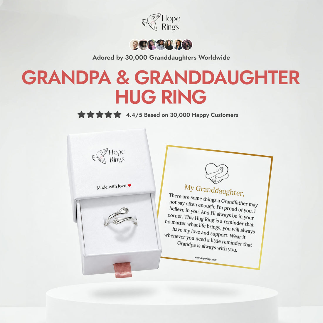 The Grandpa & Granddaughter Hug Ring with its gift box and message card