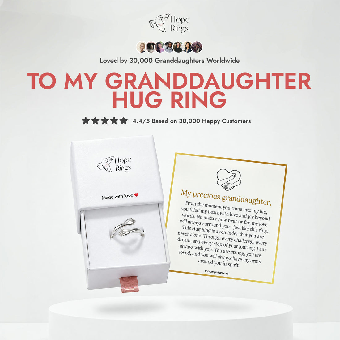 The To My Granddaughter Hug Ring with its gift box and message card