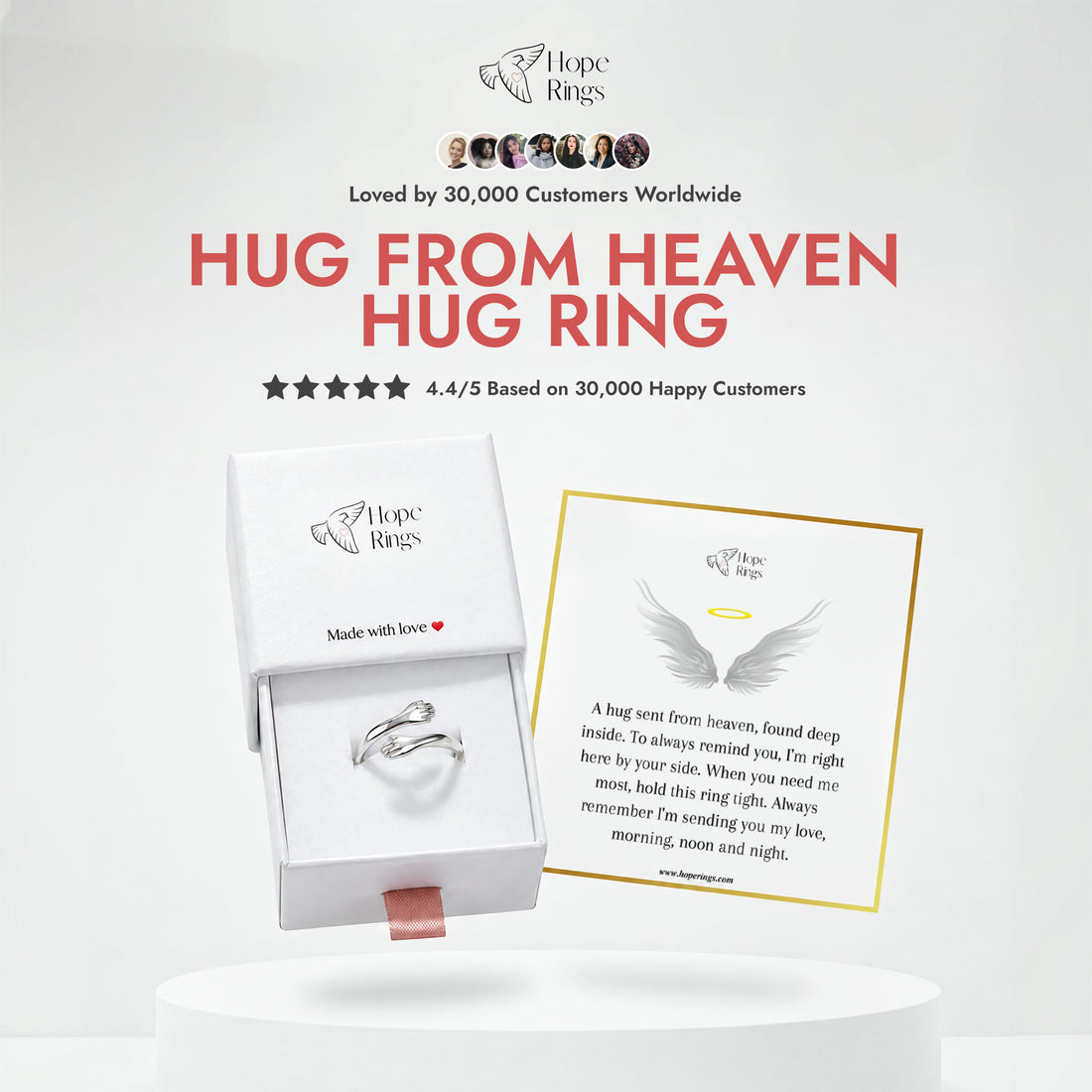 The Hug From Heaven Ring with its gift box and message card