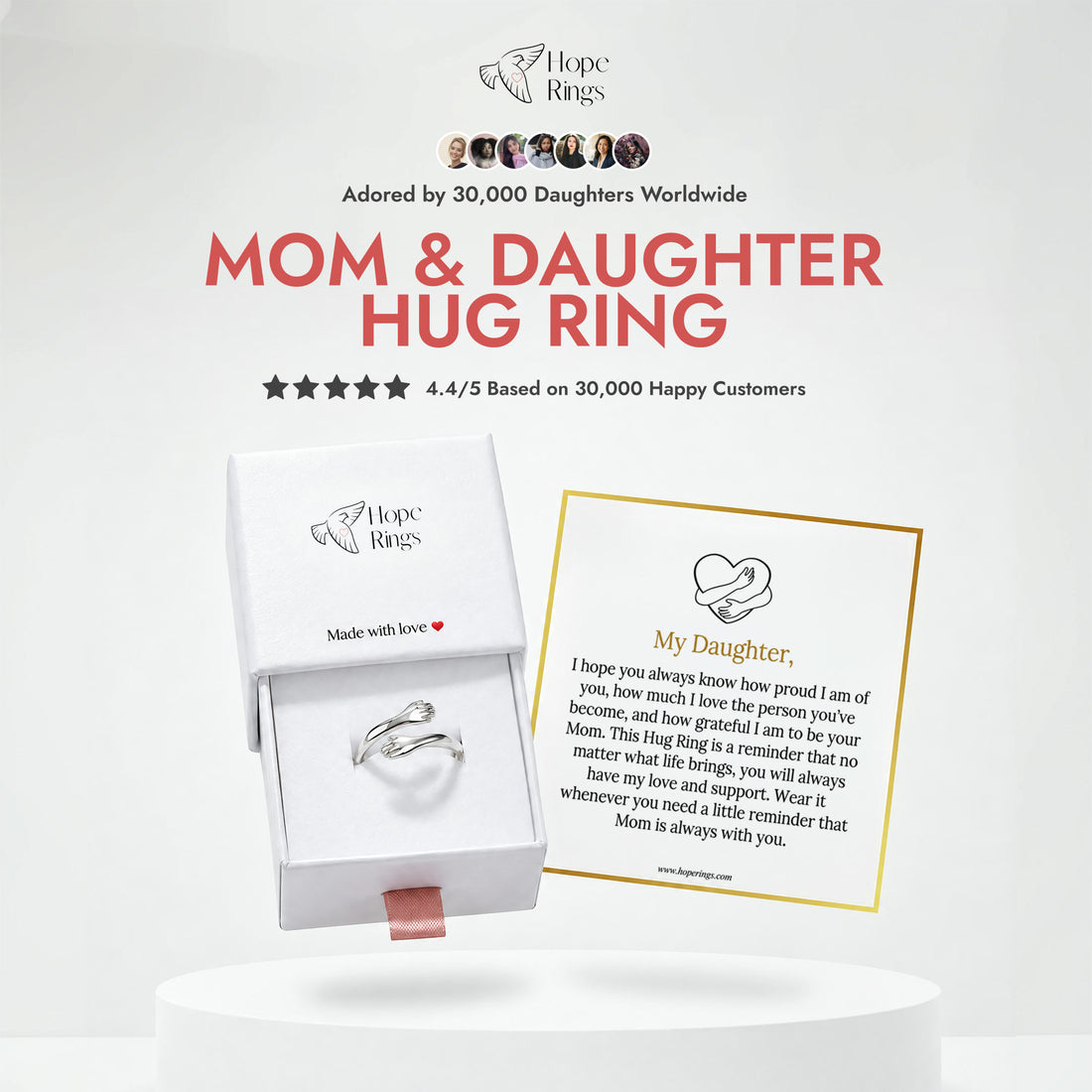 The Mom & Daughter Hug Ring with its gift box and message card